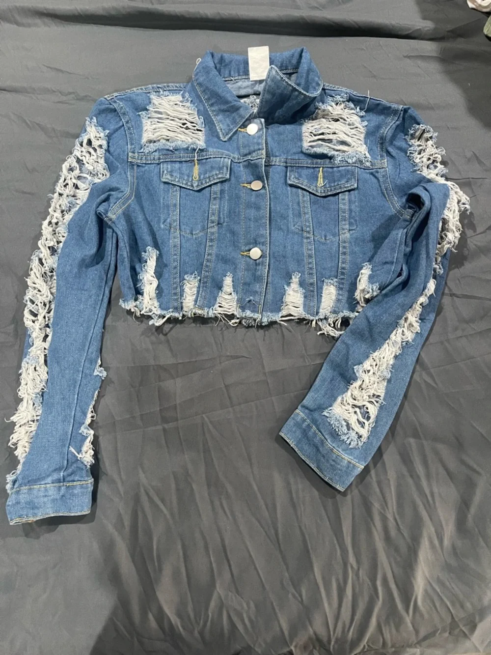 Distressed Cropped Denim Jacket - Blue - Picture 4 of 4